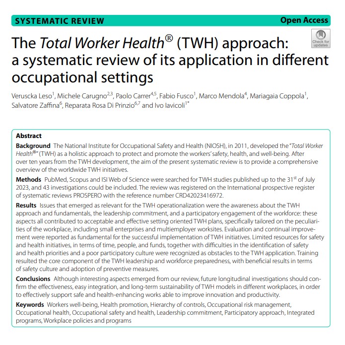 L'immagine mostra la prima pagina di un articolo scientifico intitolato "The Total Worker Health® (TWH) approach: a systematic review of its application in different occupational settings", pubblicato in modalità Open Access sulla rivista BMC Public Health.